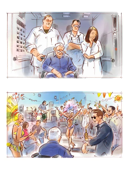 Two Henryk Zimak illustrations of doctors with patient and festive crowd