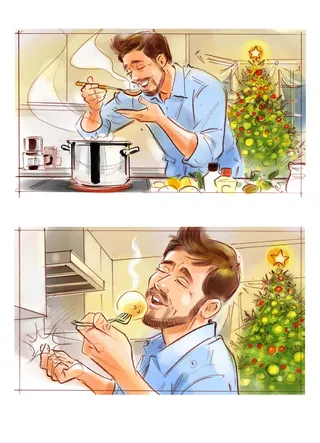 Man cooking and enjoying soup near Christmas tree illustration by Henryk Zimak
