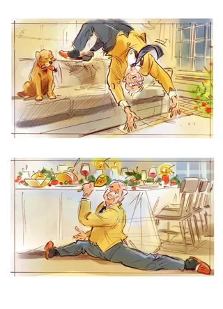 Elderly man slipping and falling at a party with food and dog nearby, illustration by Henryk Zimak