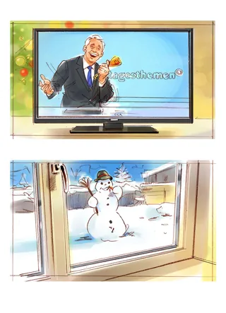 Television news anchor and a snowman seen through a window, artwork by Henryk Zimak