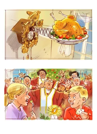 Illustrations showing a roasted turkey on a platter and a happy family celebrating Thanksgiving by H