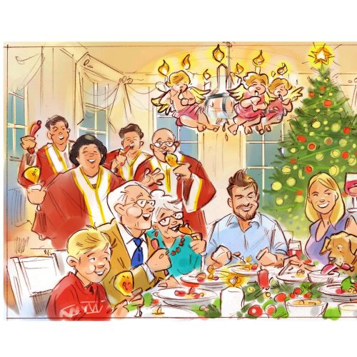 Family enjoying Christmas dinner with decorated tree and snowman illustration by Henryk Zimak