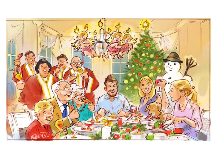 Family enjoying Christmas dinner with decorated tree and snowman illustration by Henryk Zimak