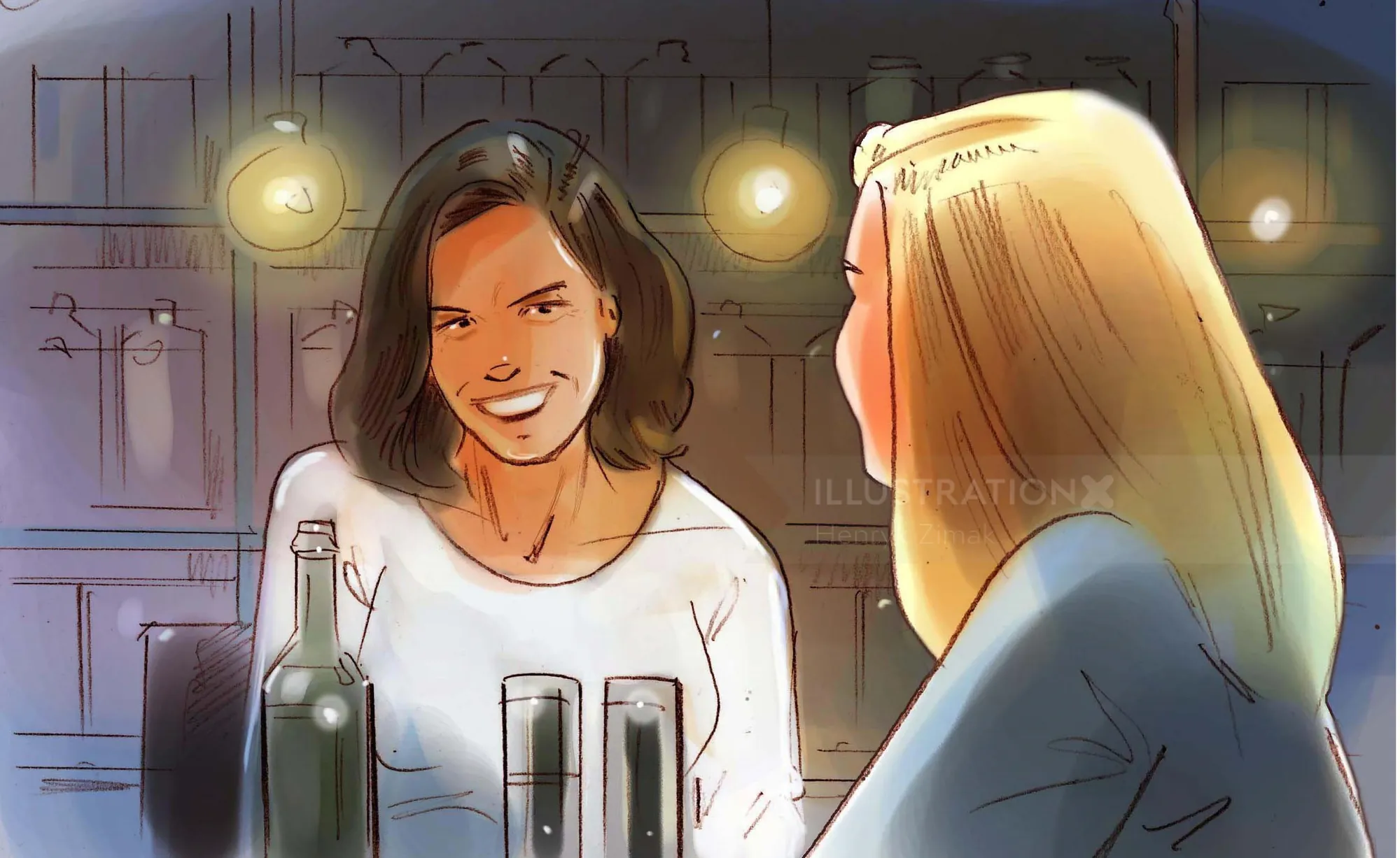 Two women talking at a bar with bottles, artwork by Henryk Zimak