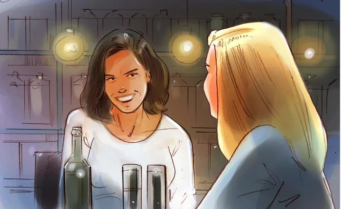 Two women talking at a bar with bottles, artwork by Henryk Zimak