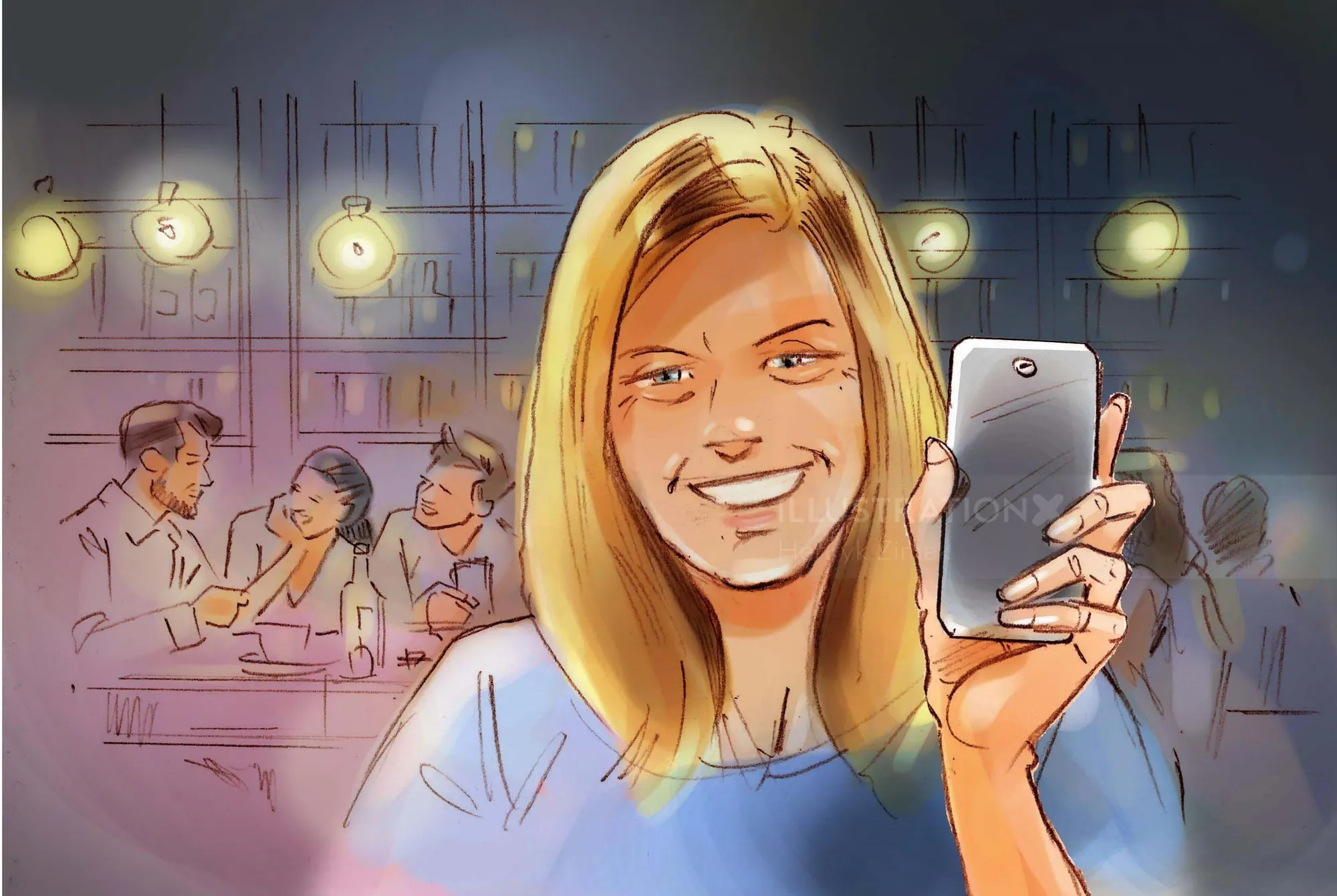 Smiling woman holding smartphone taking selfie in bar setting illustration by Henryk Zimak
