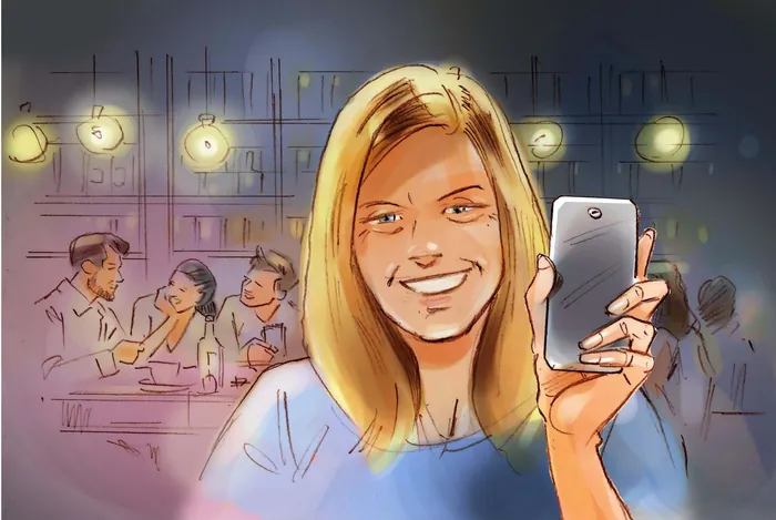 Smiling woman holding smartphone taking selfie in bar setting illustration by Henryk Zimak