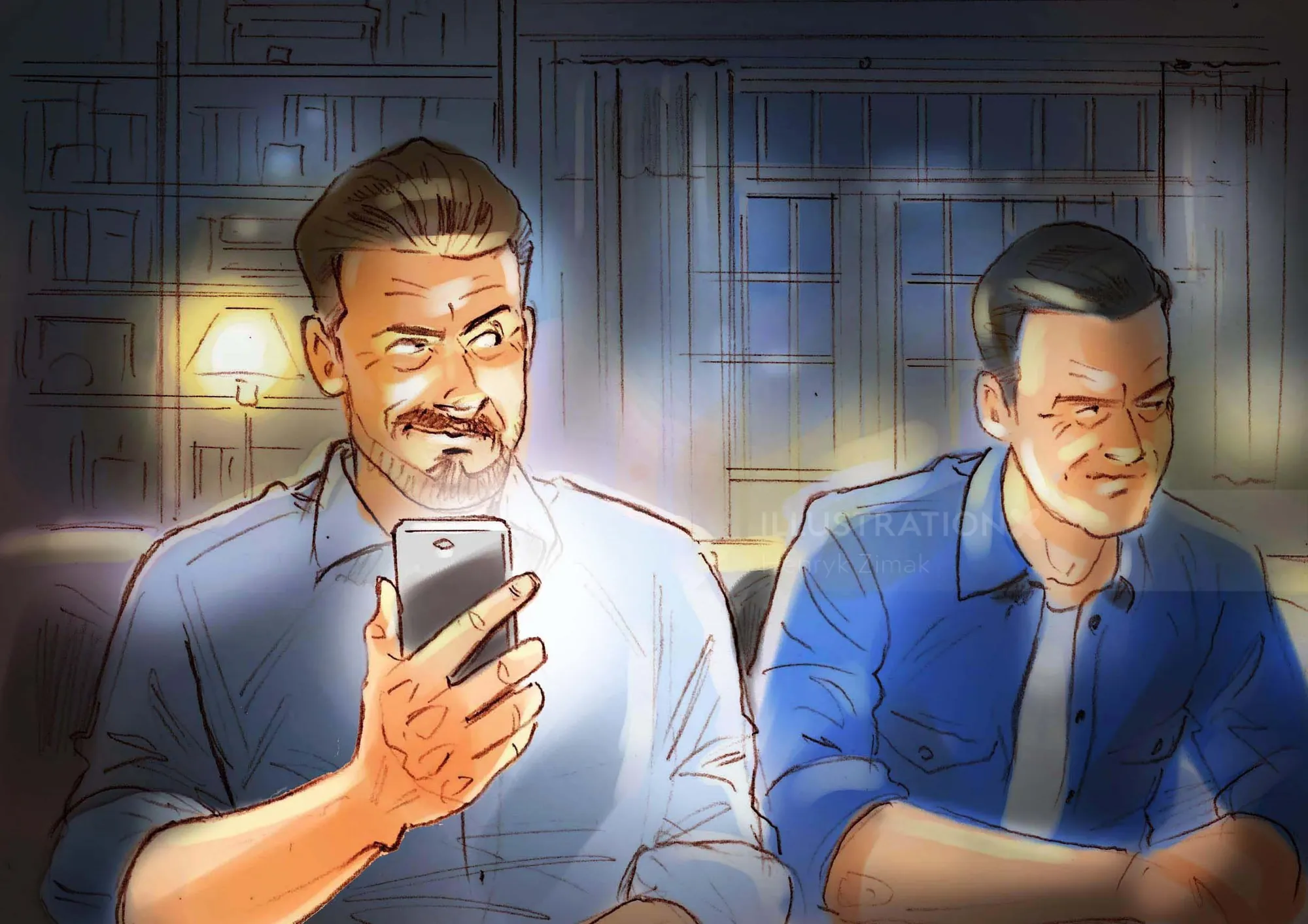 Two men using smartphones indoors in dim light by Henryk Zimak
