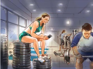 Woman sitting on stacked weights using phone in a gym setting, illustration by Henryk Zimak.