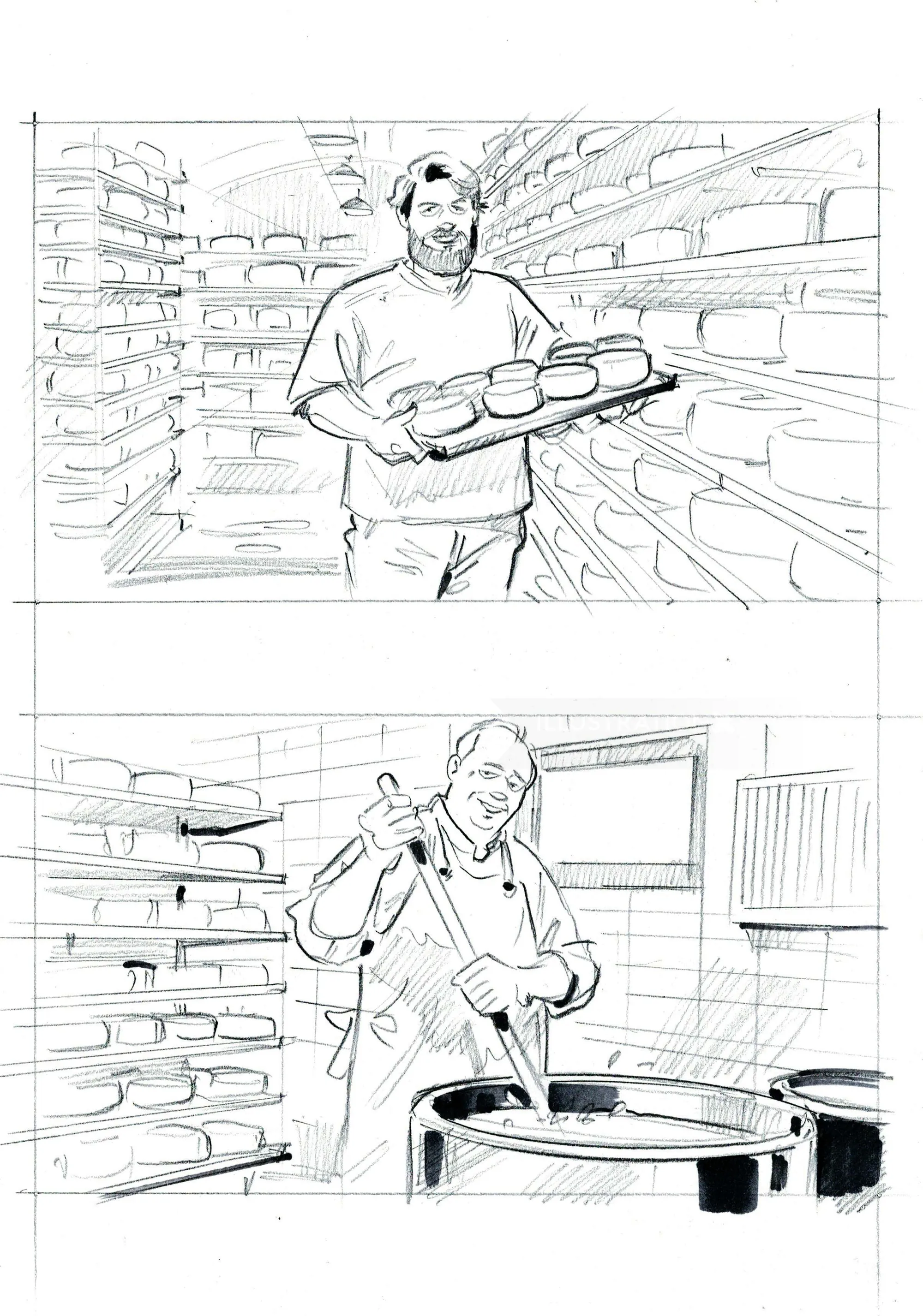 Sketches of bakery worker with bread loaves and stirring dough, by Henryk Zimak