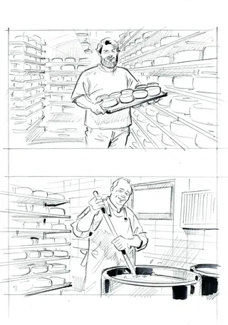 Sketches of bakery worker with bread loaves and stirring dough, by Henryk Zimak