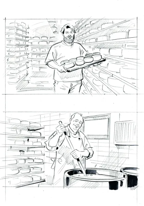 Sketches of bakery worker with bread loaves and stirring dough, by Henryk Zimak