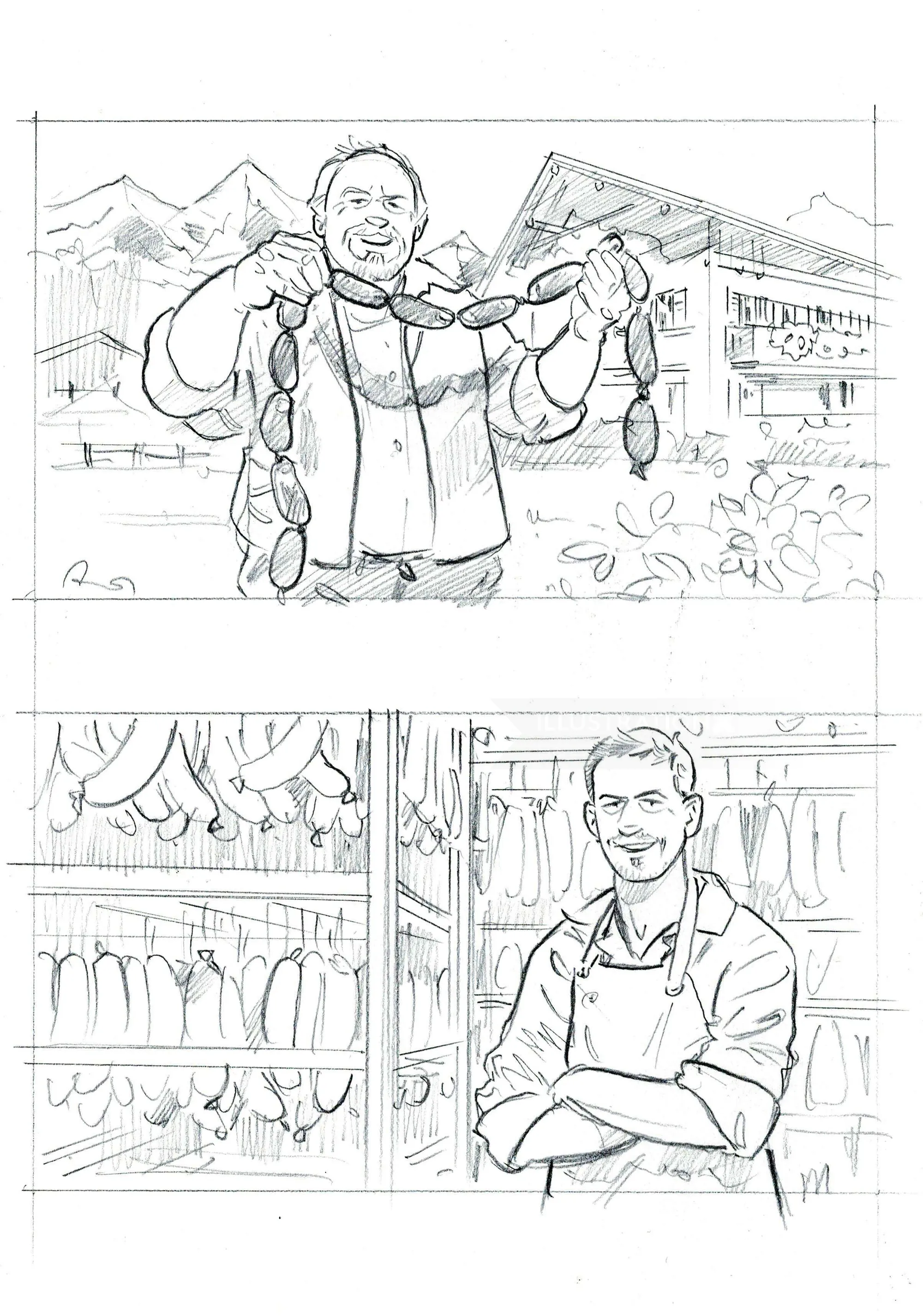 Sketch of a man holding sausages and a butcher standing inside a shop by Henryk Zimak