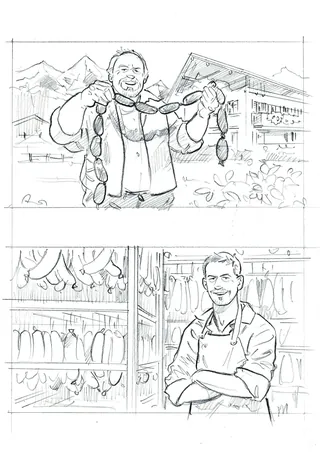 Sketch of a man holding sausages and a butcher standing inside a shop by Henryk Zimak