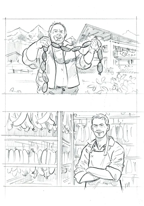 Sketch of a man holding sausages and a butcher standing inside a shop by Henryk Zimak