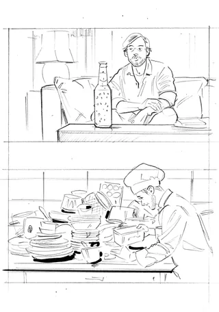 Sketch of man sitting on couch and chef washing dishes by Henryk Zimak
