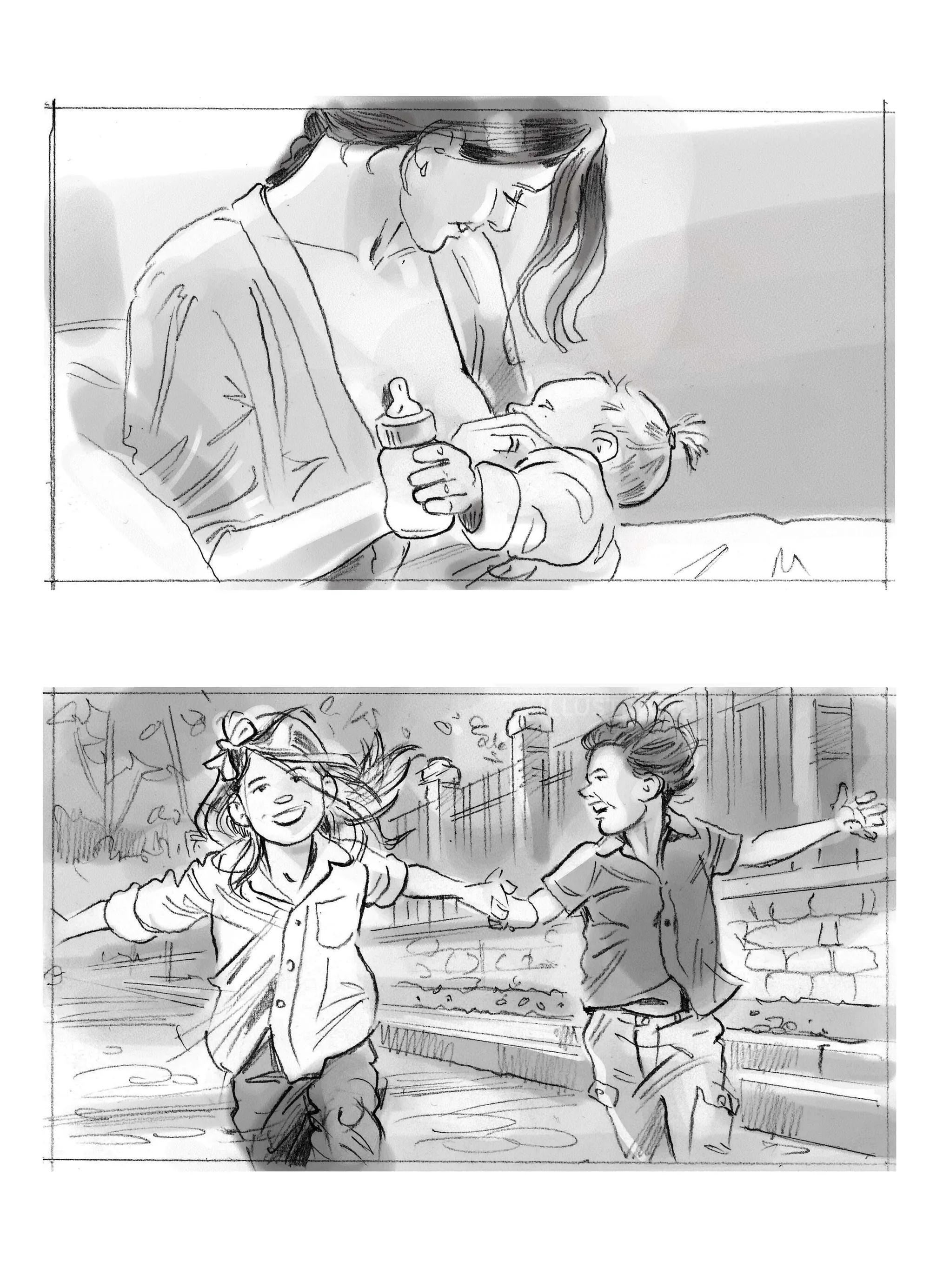 Sketches of a mother feeding a baby and children running by Henryk Zimak