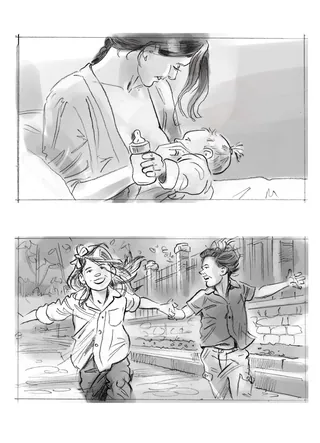 Sketches of a mother feeding a baby and children running by Henryk Zimak