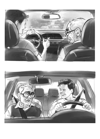 Black and white drawing of young man and elderly man talking inside a car by Henryk Zimak