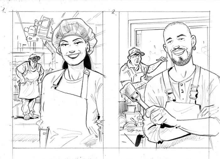 Sketch of smiling bakery workers in aprons by Henryk Zimak