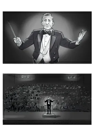 Conductor in tuxedo directing orchestra on stage, monochrome illustration by Henryk Zimak.