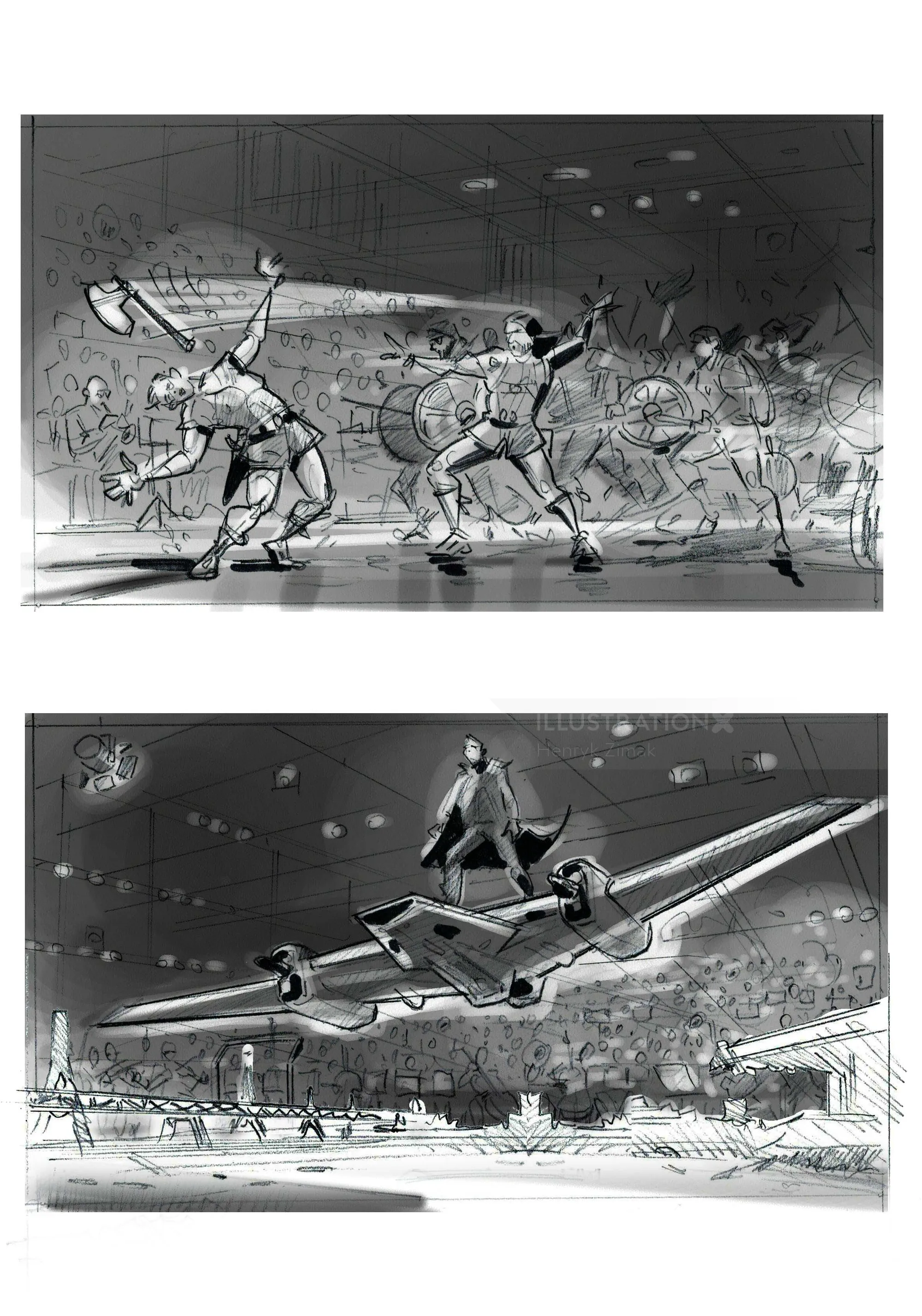 Black and white sports and aviation illustrations by Henryk Zimak