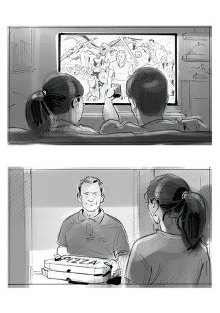 Children watch soccer on TV and receive pizza in black and white drawing by Henryk Zimak