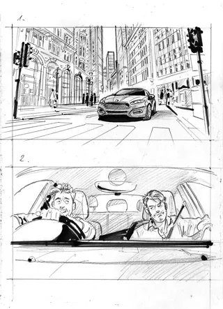Ink drawing of a car on city street and two men inside by Henryk Zimak