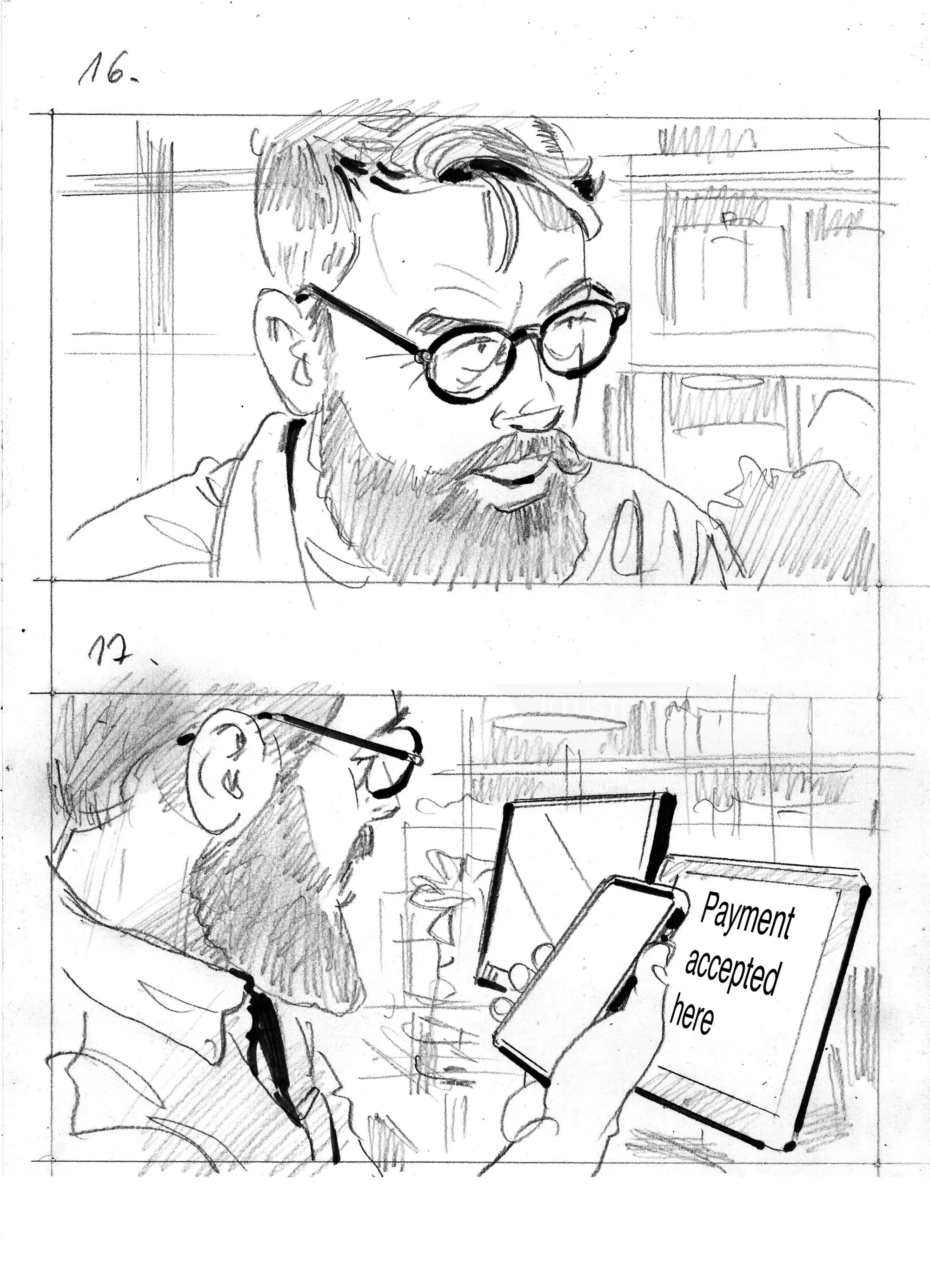 Black and white sketches of a man with glasses using a payment terminal by Henryk Zimak