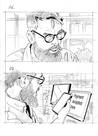 Black and white sketches of a man with glasses using a payment terminal by Henryk Zimak