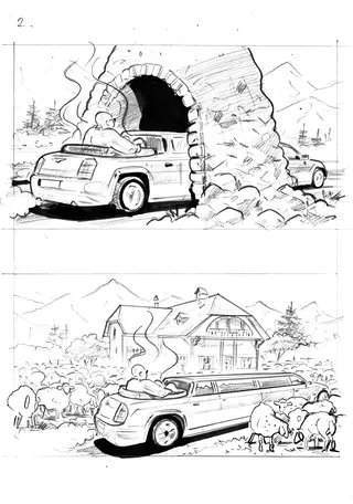 Two sketches by Henryk Zimak featuring a car in a tunnel and a countryside with sheep