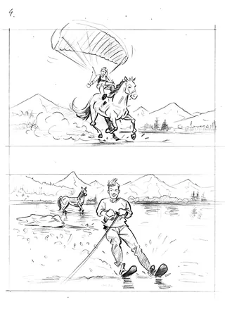 Sketch of a man water skiing and a person on horseback with a parachute by Henryk Zimak.