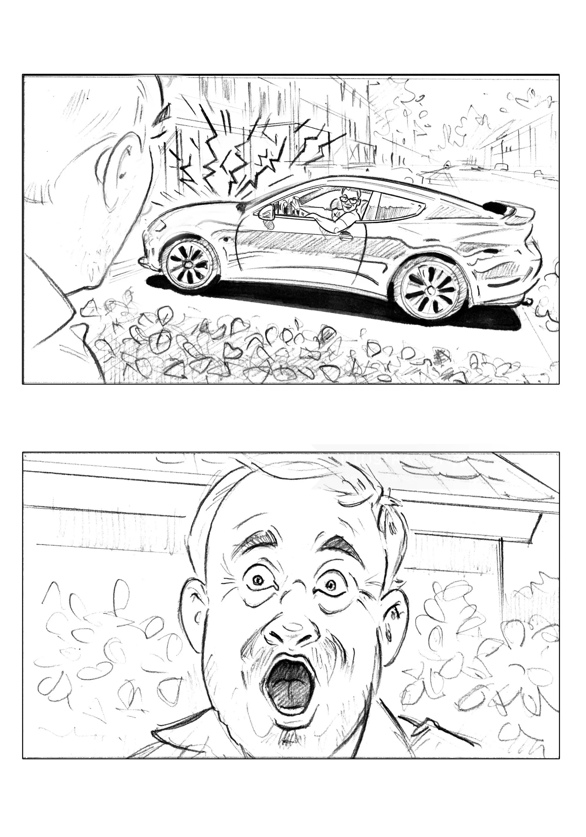 Shocked man reacts to damaged car in Henryk Zimak illustration