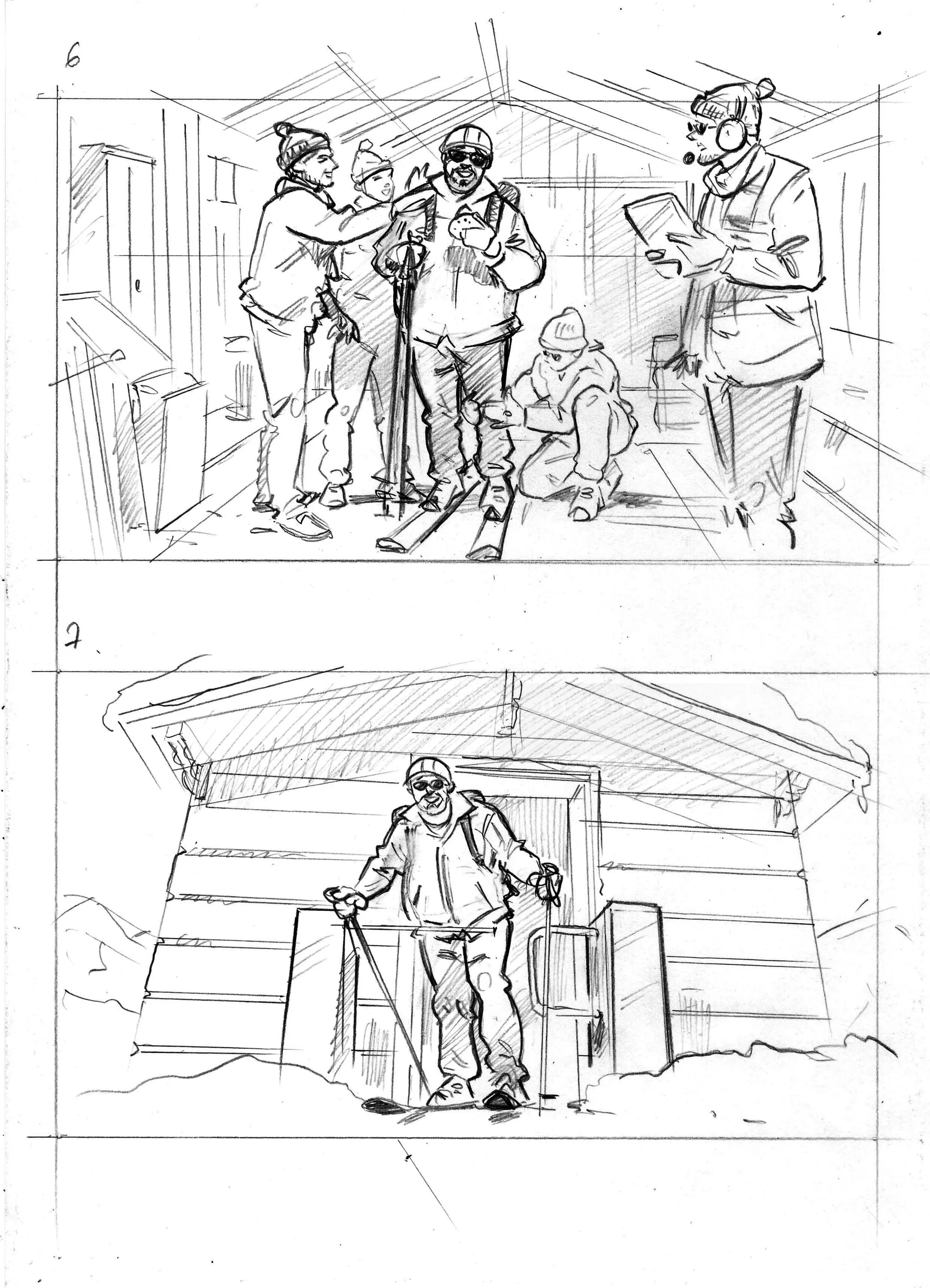 Two pencil sketches by Henryk Zimak of people in winter clothing and snowy settings