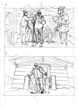 Two pencil sketches by Henryk Zimak of people in winter clothing and snowy settings