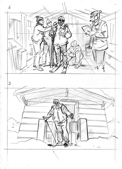 Two pencil sketches by Henryk Zimak of people in winter clothing and snowy settings