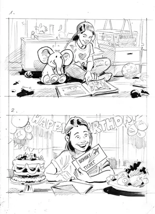 Two sketches by Henryk Zimak: girl reading with stuffed elephant and birthday celebration scene.