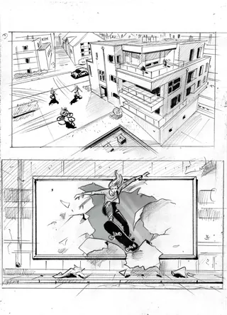 Black and white urban sketches with street scene and superhero breaking through wall by Henryk Zimak