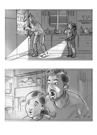Sketches of a surprised father and son in a kitchen by Henryk Zimak.