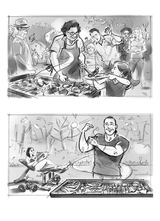 Two scenes of food vendors happily serving customers at an outdoor market by Henryk Zimak