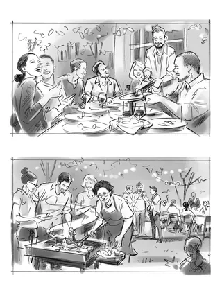 Black and white illustrations of people dining indoors and cooking outdoors by Henryk Zimak.