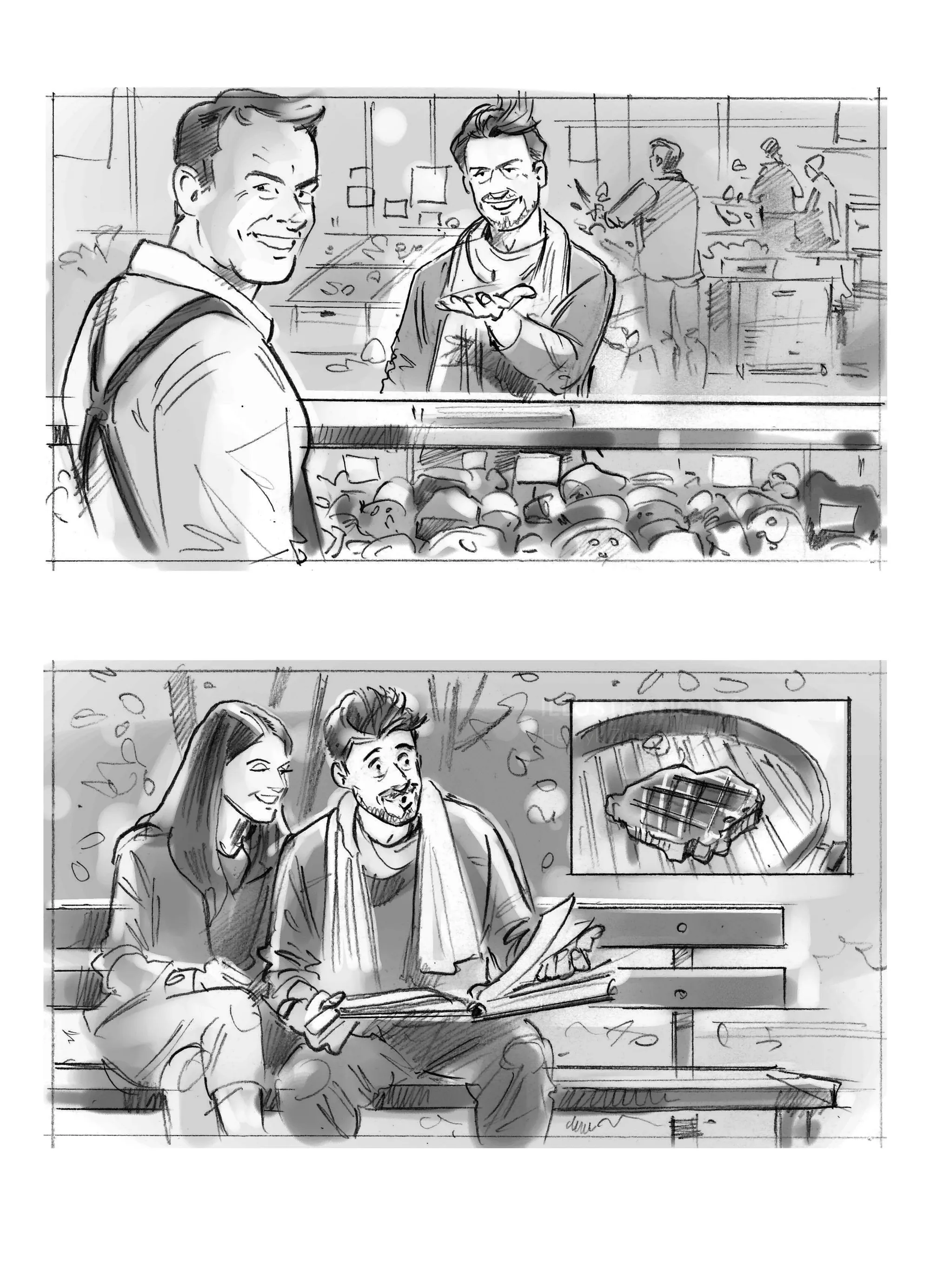 Sketches by Henryk Zimak of men in bakery and couple sitting on park bench.