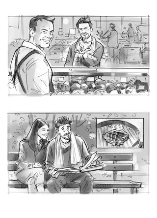 Sketches by Henryk Zimak of men in bakery and couple sitting on park bench.