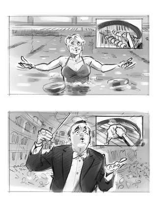 Storyboard panels of woman and surprised man by Henryk Zimak