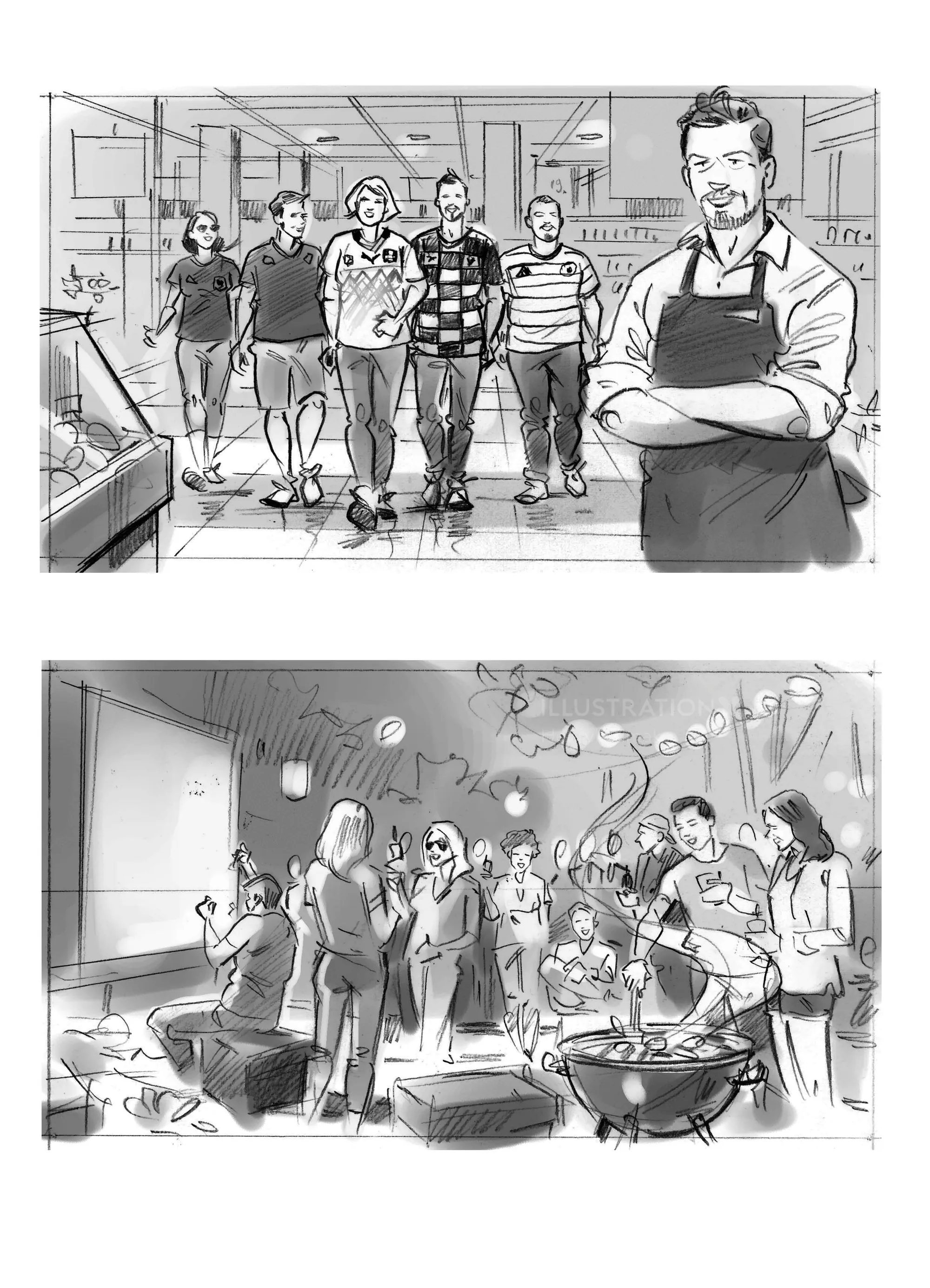 Two black and white drawings showing bakery staff and outdoor social event by Henryk Zimak