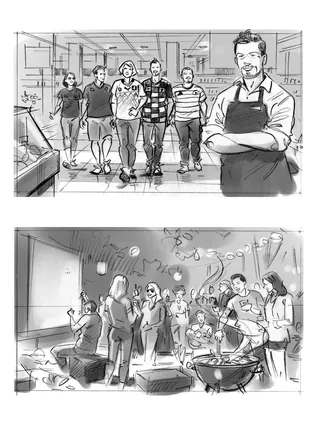 Two black and white drawings showing bakery staff and outdoor social event by Henryk Zimak
