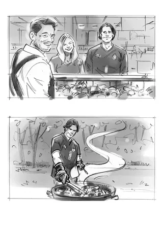 Illustrations by Henryk Zimak of people shopping and grilling outdoors.