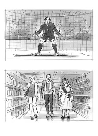 Black and white drawings by Henryk Zimak of a soccer goalie and three people walking in a store aisl