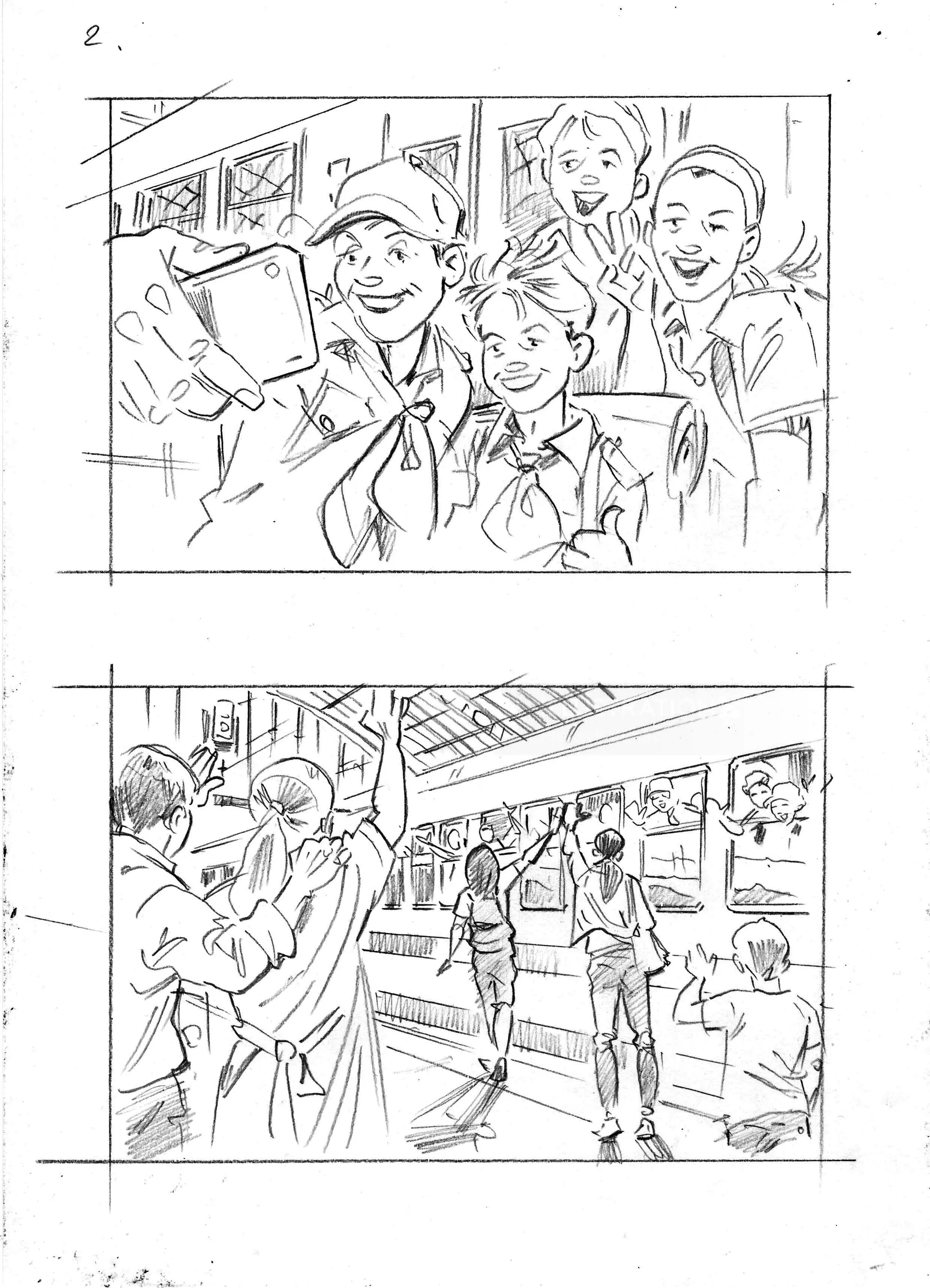 Black and white sketches of children taking selfies and waiting at train station by Henryk Zimak