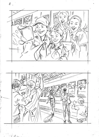 Black and white sketches of children taking selfies and waiting at train station by Henryk Zimak